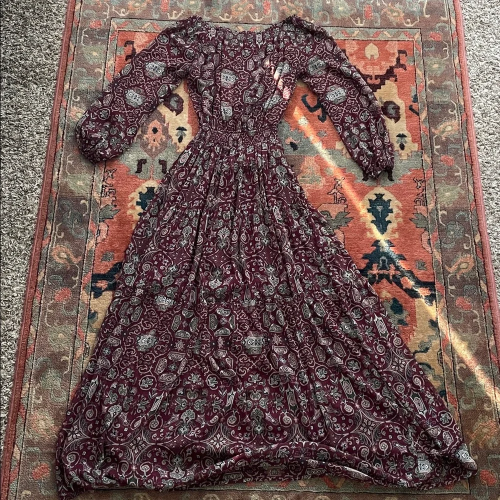 Abercrombie & Fitch Maroon Boho Paisley Western Off Shoulder Maxi Dress XS Y2K